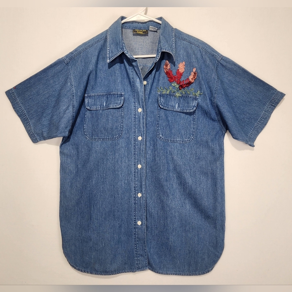 American Rave Blue Denim Button Up Shirt Short Sleeve Size L